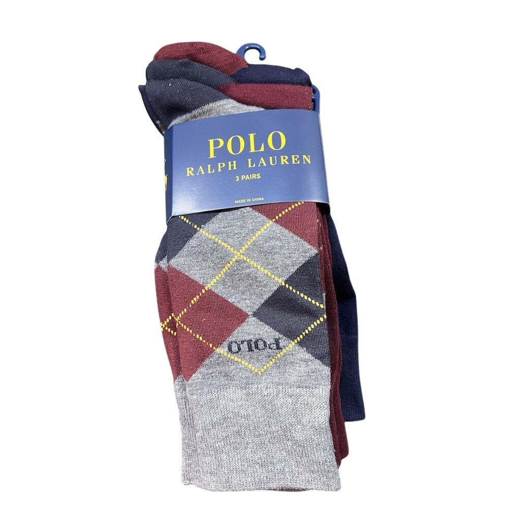 Polo Ralph Lauren Argyle Dress Socks 3 Pack Gray Burgundy Navy Sock Size 10-13